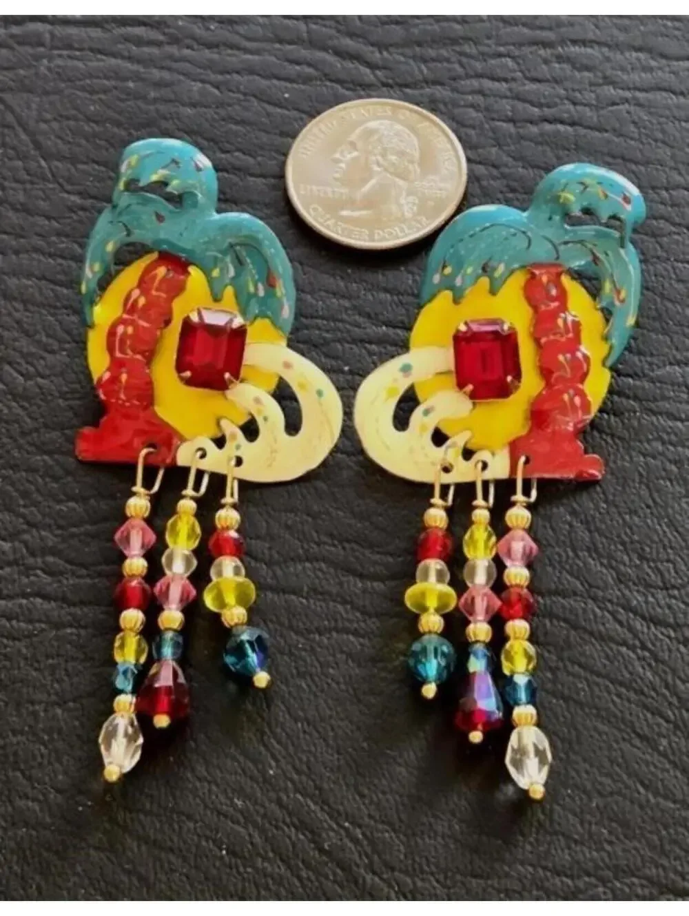 RARE Lunch at the Ritz 1988 Palm Tree Beaded Dangle Earrings Signed